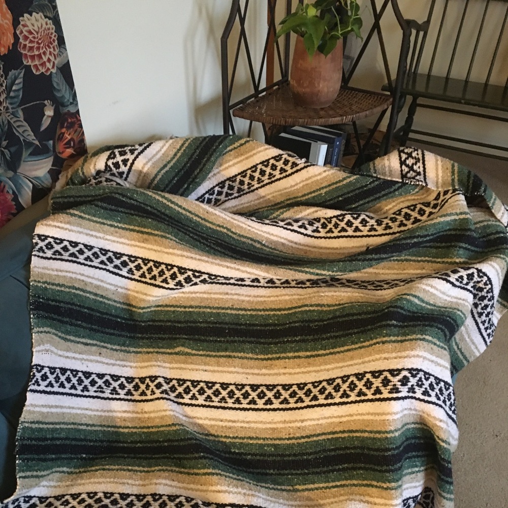 Vintage Mexican Woven Boho Throw Blanket Green